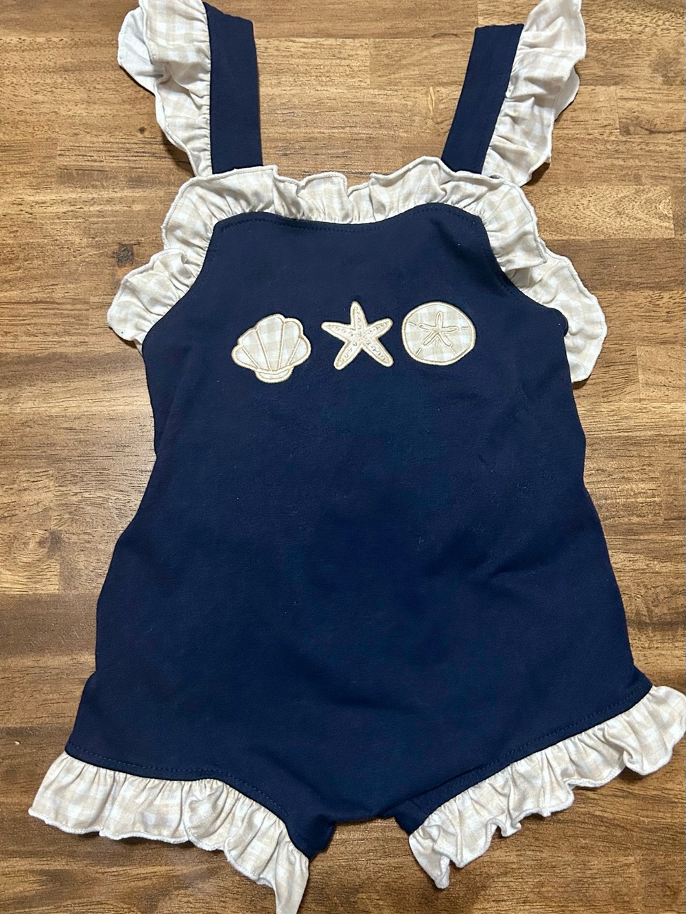 Beach Navy Blue Kids Bubble with Ruffle Trim and Seashell Appliqué